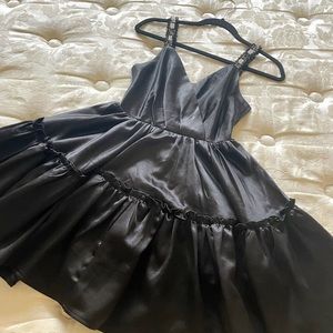 Satin tiered puffy mini black party dress